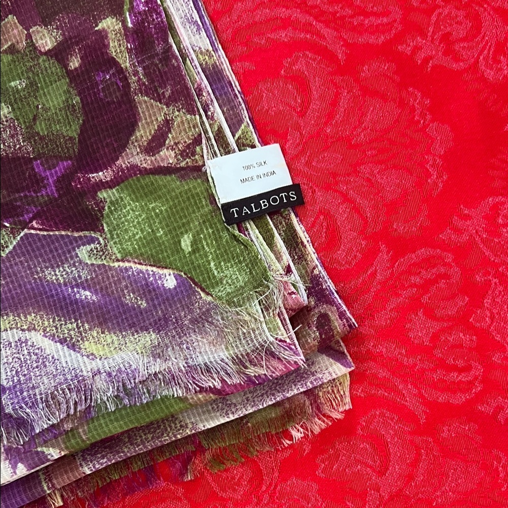 Talbots 100% Silk Scarf with Purple and Green Pattern